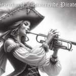 Eine Sammlung von Zeichnungen musizierender Piraten in zwei Stilen: Bleistiftzeichnung und Strichzeichnung.