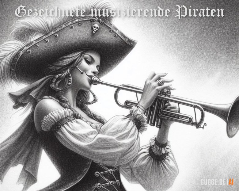 Eine Sammlung von Zeichnungen musizierender Piraten in zwei Stilen: Bleistiftzeichnung und Strichzeichnung.